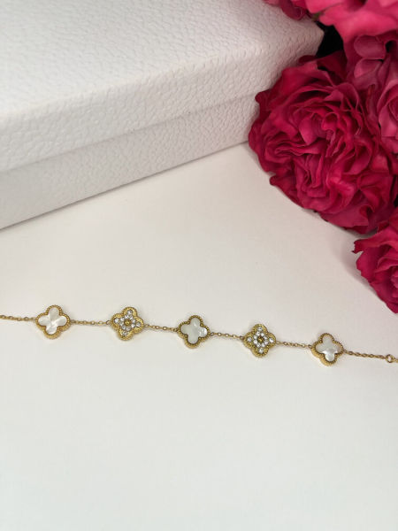 Perłowa bransoletka z koniczynkami i diamencikam