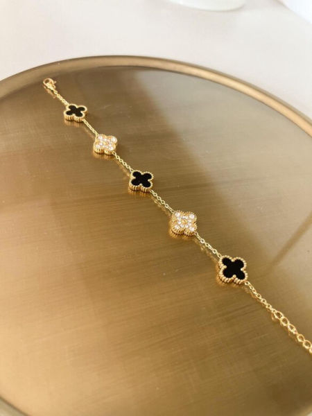 Bransoletka-czarne koniczynki z diamencikami